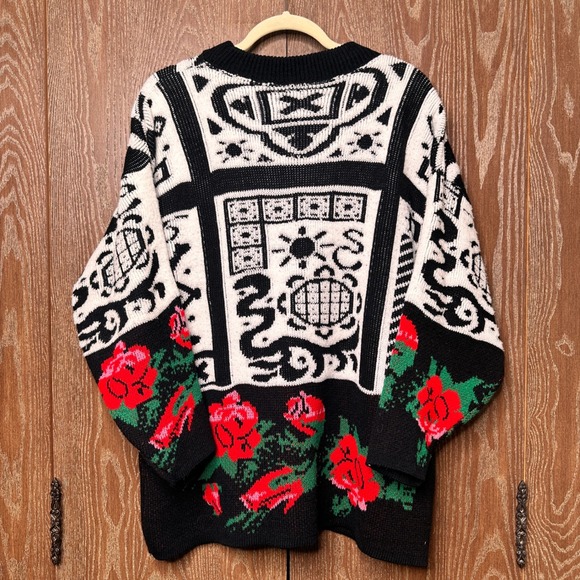 VTG Courtney Blake Acrylic Knit Rose Graphic Sweater Oversize USA Made Red White - Picture 8 of 8